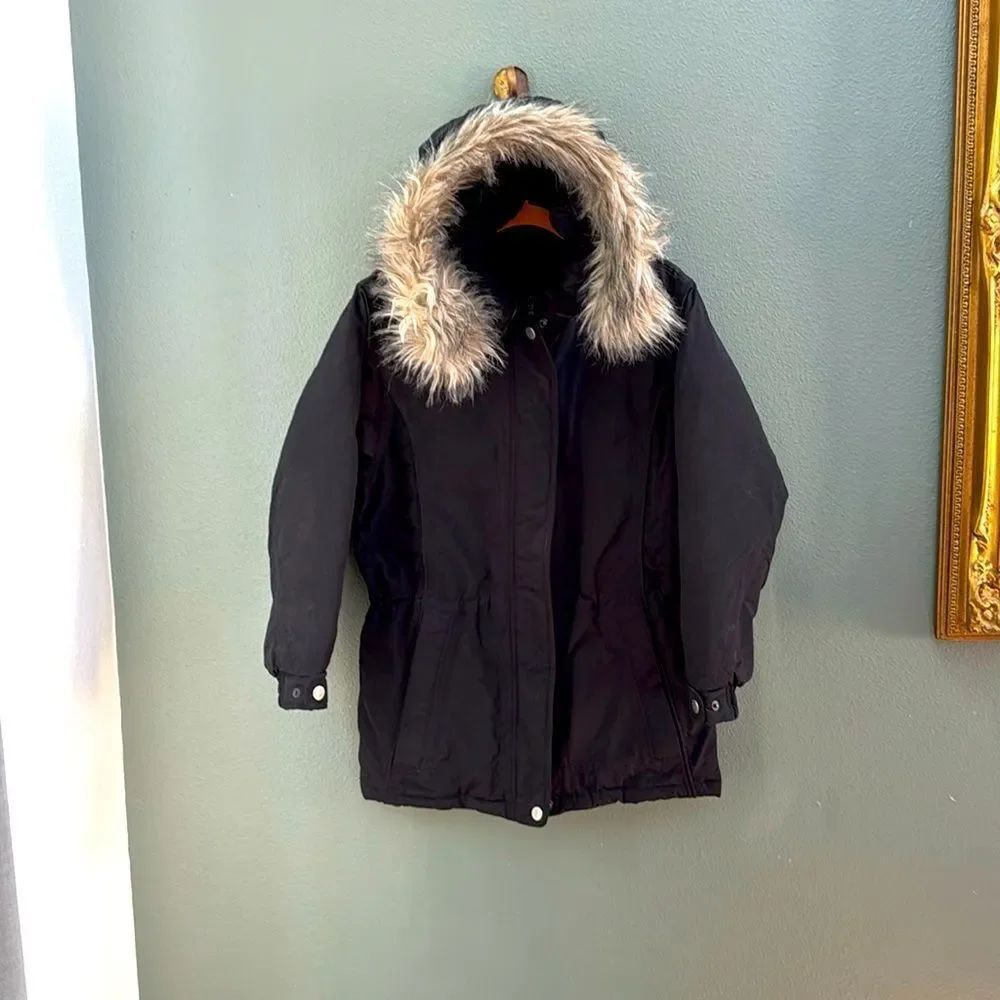 Eddie Bauer Women's Black Wool Goose Down Jacket Faux Fur Trimmed Hood